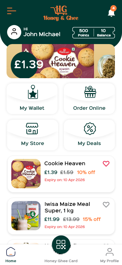 Honey & Ghee loyalty app screen